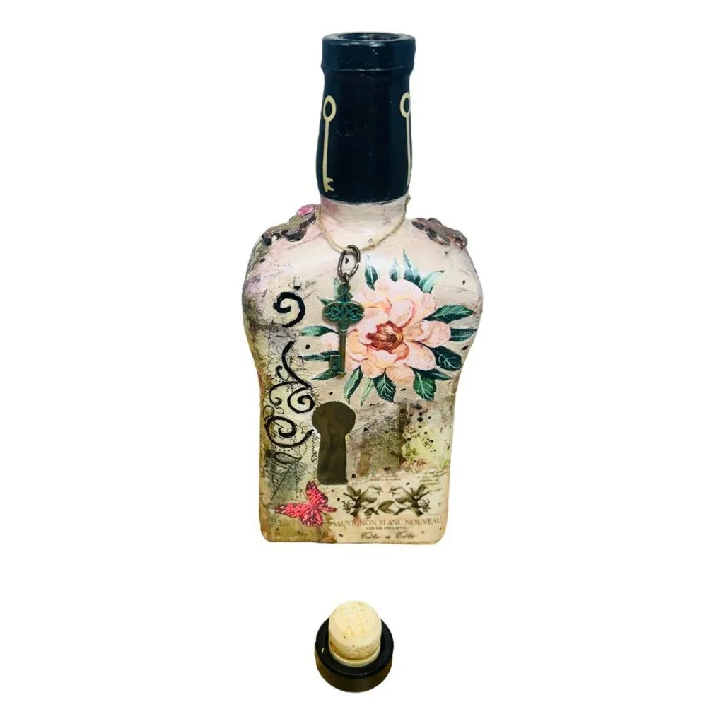 Up cycled Decanter Bottle Mixed Media Peep Keyhole Clay Hand Painted Butterfly - Picture 14 of 16